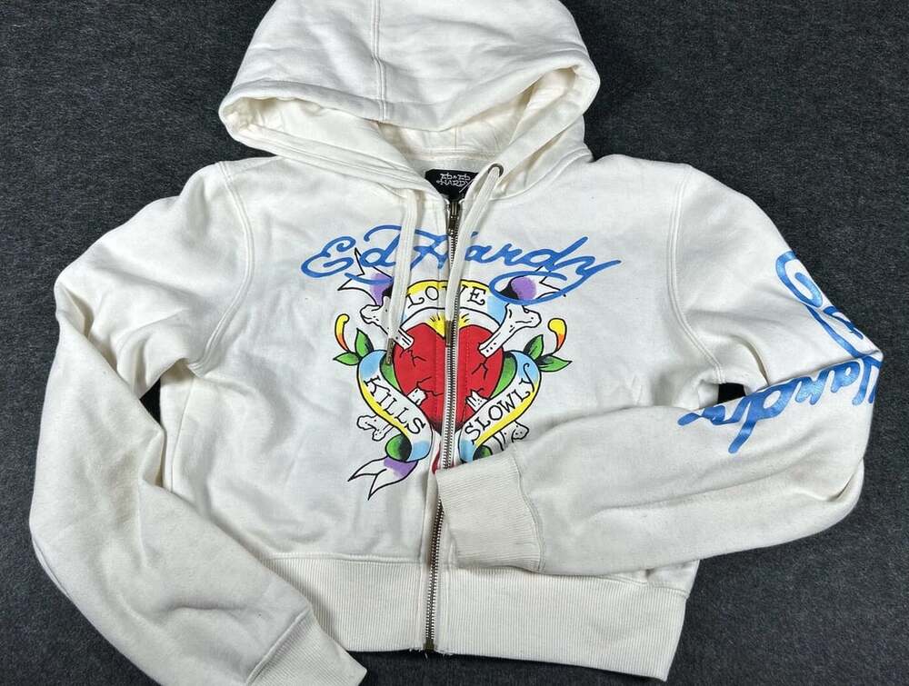 Ed Hardy Love Kills Slowly Zip-Up Hoodie Size L Ivory